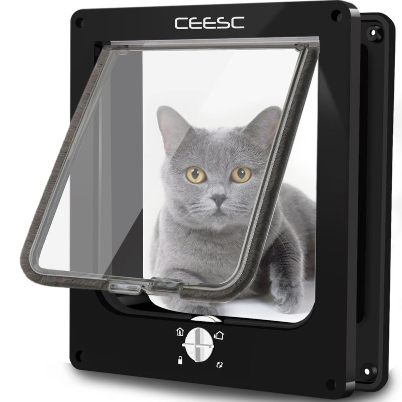 CEESC Large Cat Door for Interior/Exterior Door, Weatherproof, Black, Rotary 4 Way Locking Pet Door for Cats & Dogs with Circumference < 23.62", Upgraded Version - Image 1